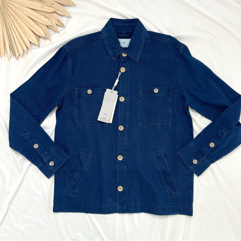 Folk Clothing Herrington Wash Herringbone Blue Twill Button Shirt Jacket Shacket